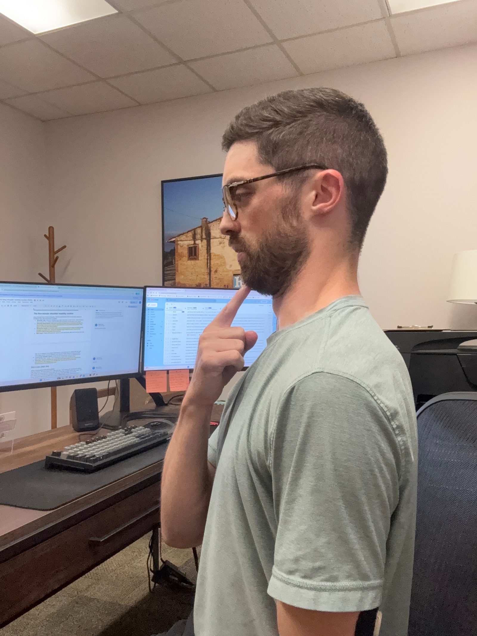 Chin tuck at a desk to counter forward-head posture and reset head position over the shoulders
