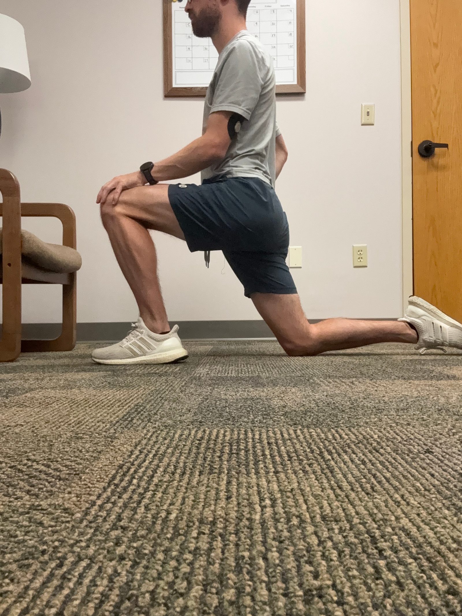 Kneeling hip-flexor lunge stretch to release the tight hips that build up from sitting all day
