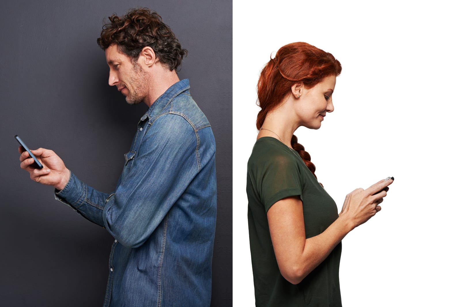 Two people seen in side profile looking down at their phones, the forward head posture that gives text neck its name
